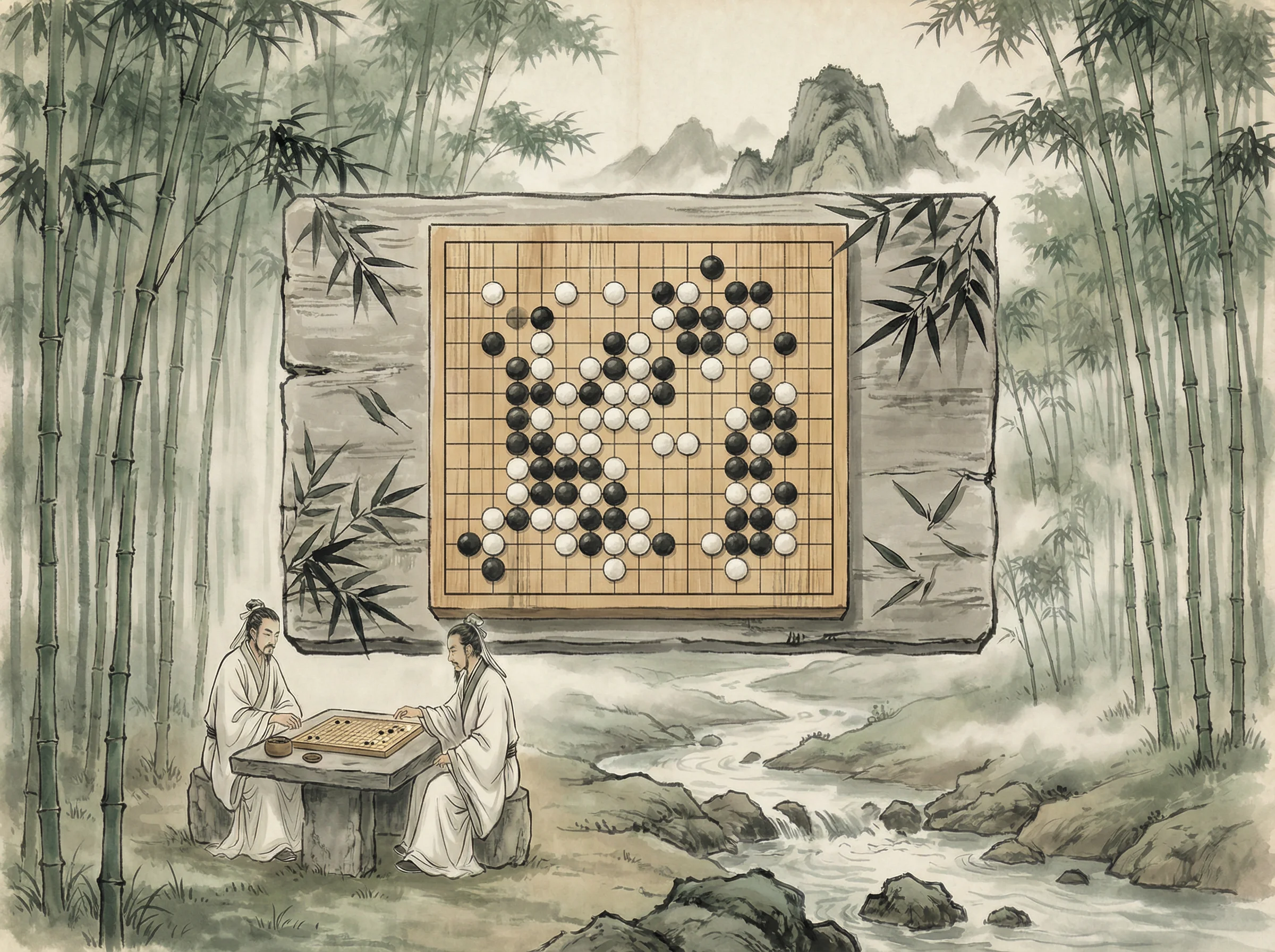 竹林悟道局 炸金花guanwang 棋盘布局，黑白子对峙